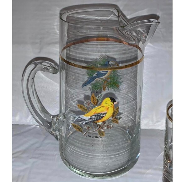 Vintage West Virginia Glass American Songbirds Pitcher w/ 2 Juice Glasses - Picture 2 of 3